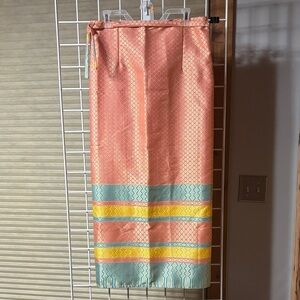 Woman’s Peach, Blue and Yellow Silk Fabric Sarong Thai Wrap Skirt